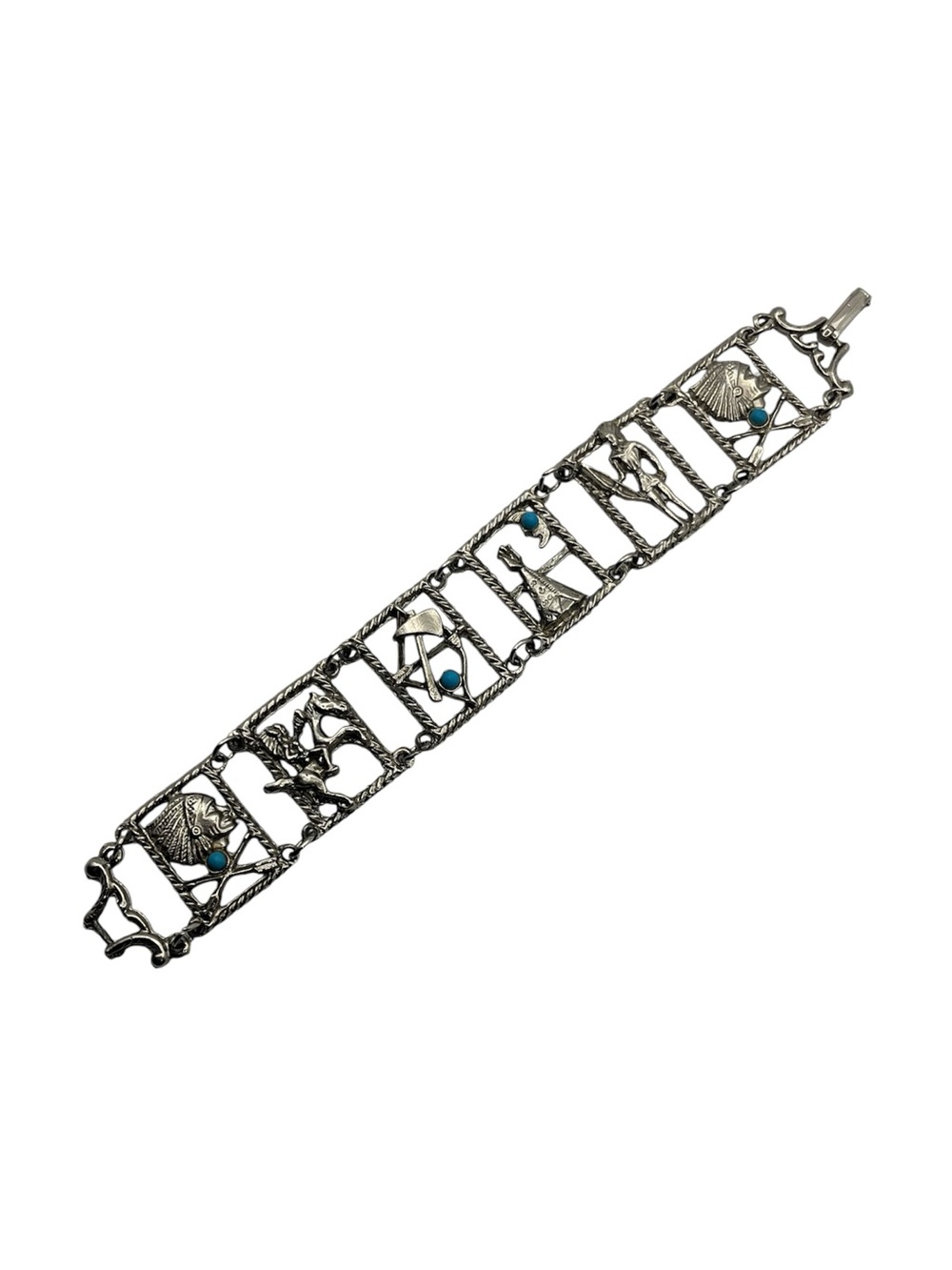 Native American motif teepee ax horse blue cabochon silver tone bracelet